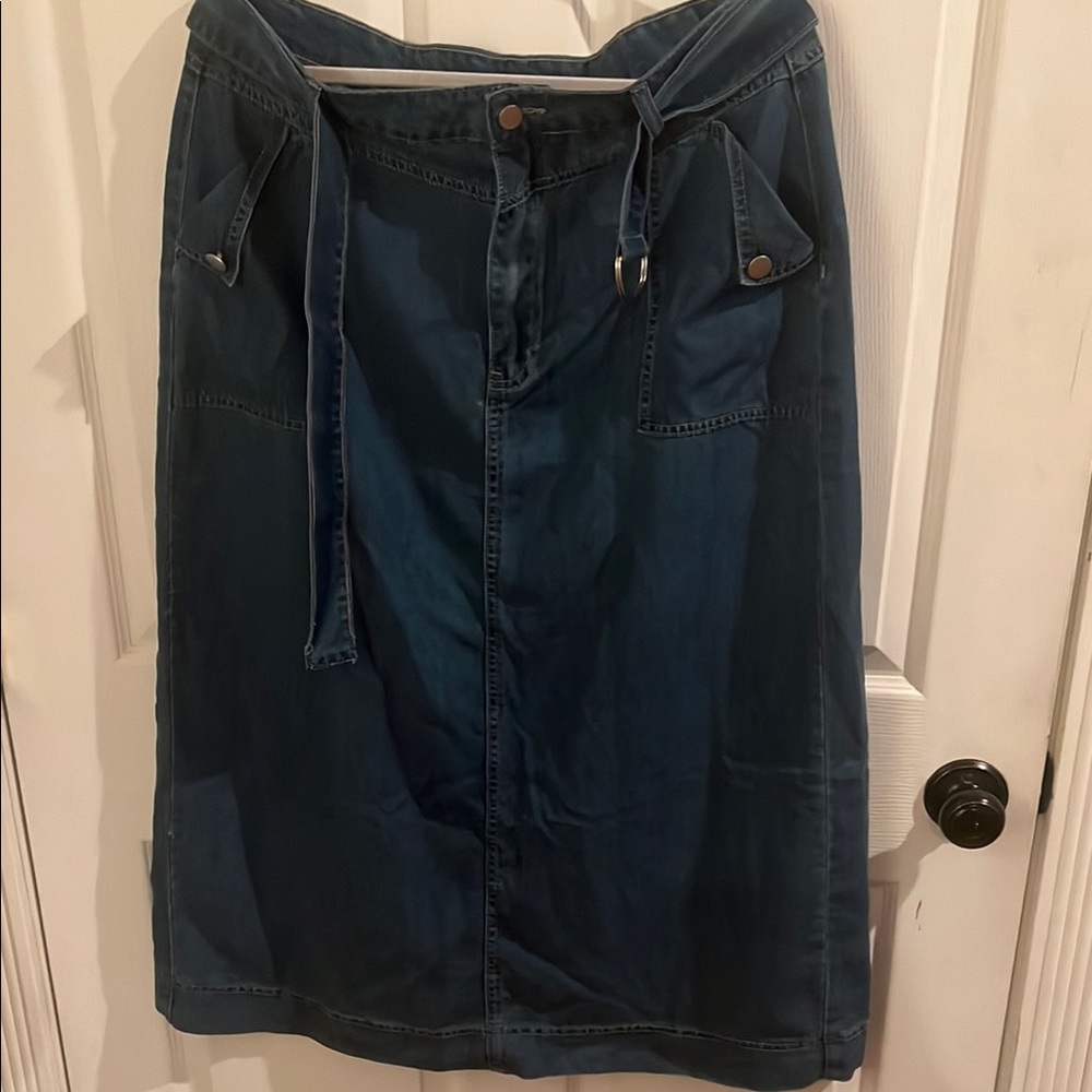 Blue Midi Pencil Skirt with Tie Front